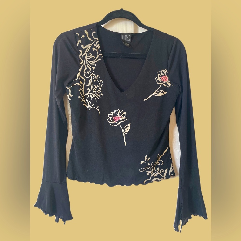 INC black, long sleeve, V-neck blouse.